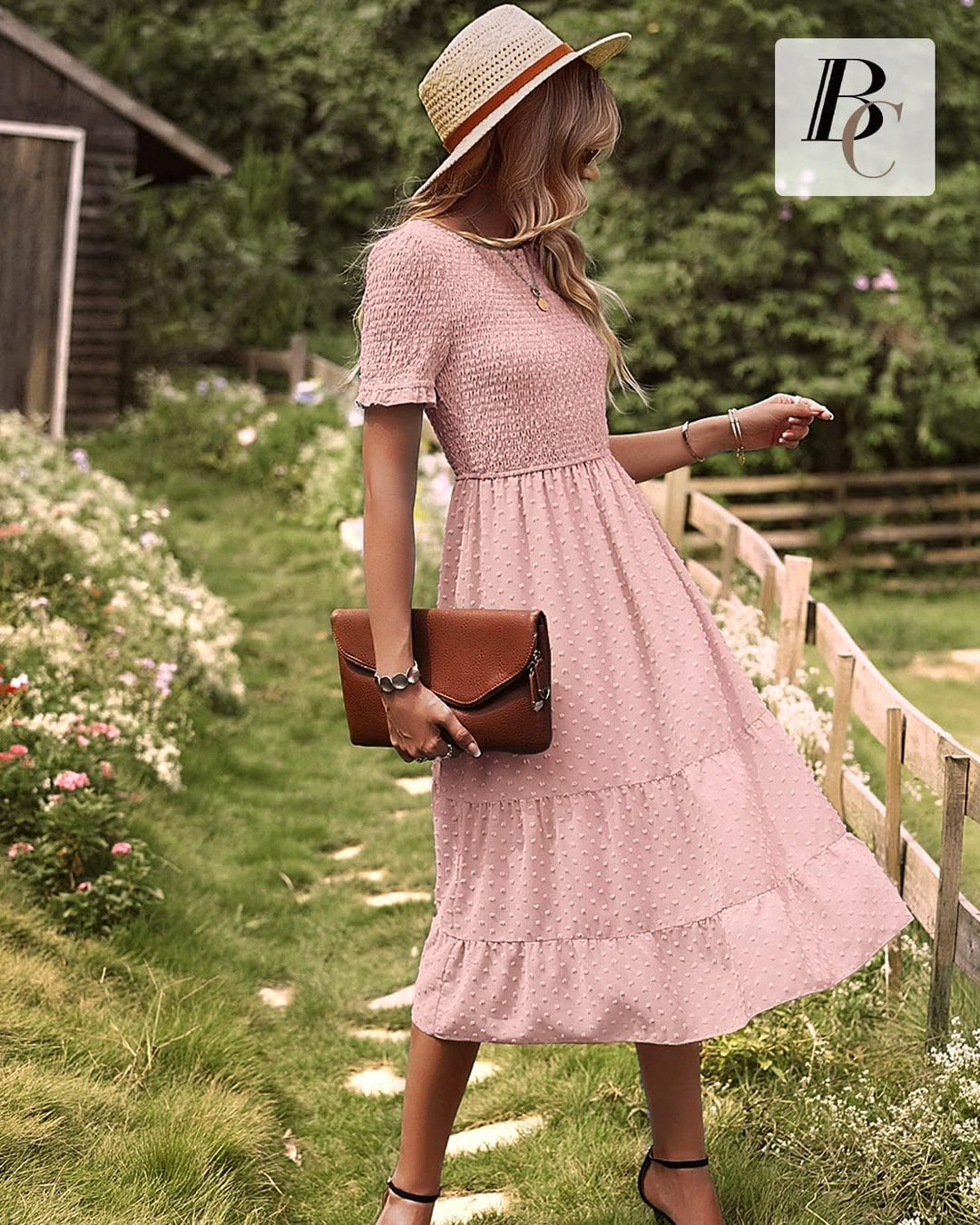 BebreezChic Damen Sommerkleid Rundhals Kurzarm Puffärmel Gerüschter Gerafftes Freizeitkleid mit Hohe