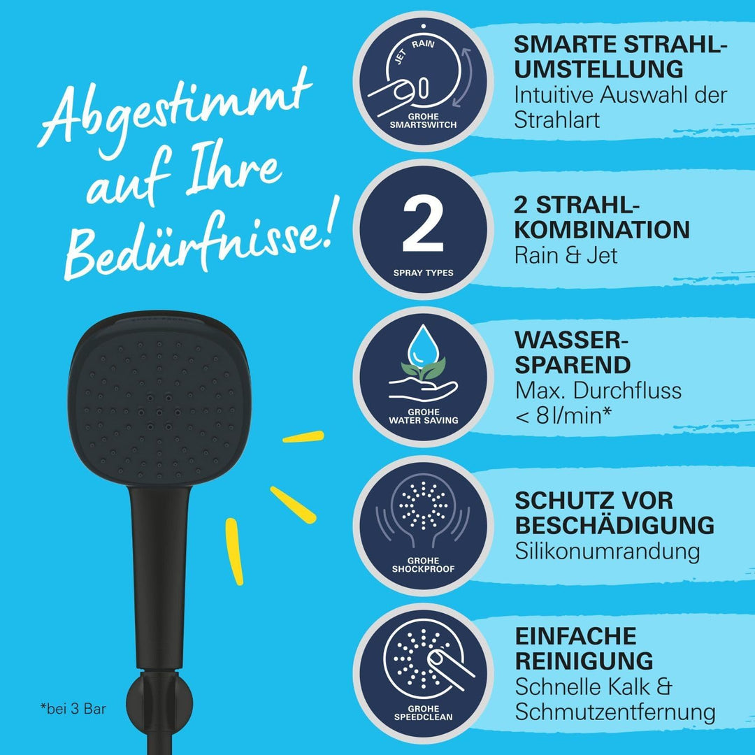GROHE Vitalio 110, Duschkopf mit Schlauch und Halterung, wassersparend, 8l pro Min (Handbrause 2 Str