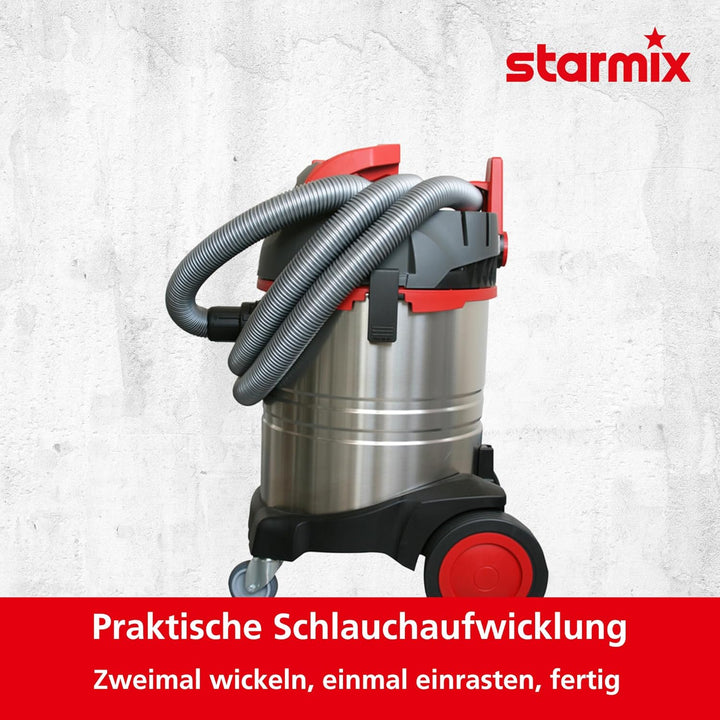starmix uClean LD-1435 PZ - Nass-/Trockensauger 1400 W, 35 L, Edelstahl Behälter, stabiles Fahrgeste