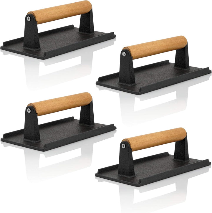 BBQ-Toro 4er Set Gusseisen Fleischbeschwerer 1 kg | 21 x 11 cm | Burger Grillgewicht mit Holzgriff,