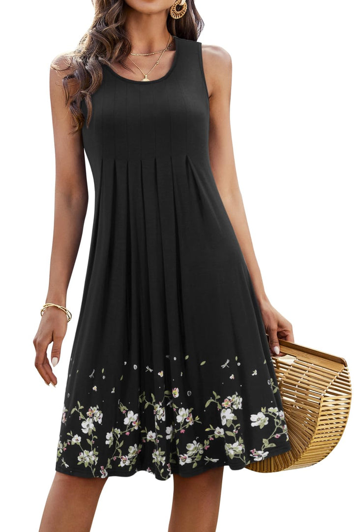 KILIG Sommerkleid Damen Strandkleid Midi Ärmellose Kleid Sommer Leicht Blumenkleid Freizeitkleid A1-