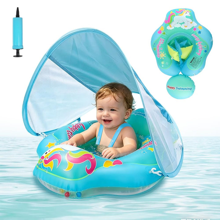 Baby Schwimmring mit Sonnendach und Sicherheitssitz, Baby Schwimmhilfe UPF50+, Floating Ring für Kin
