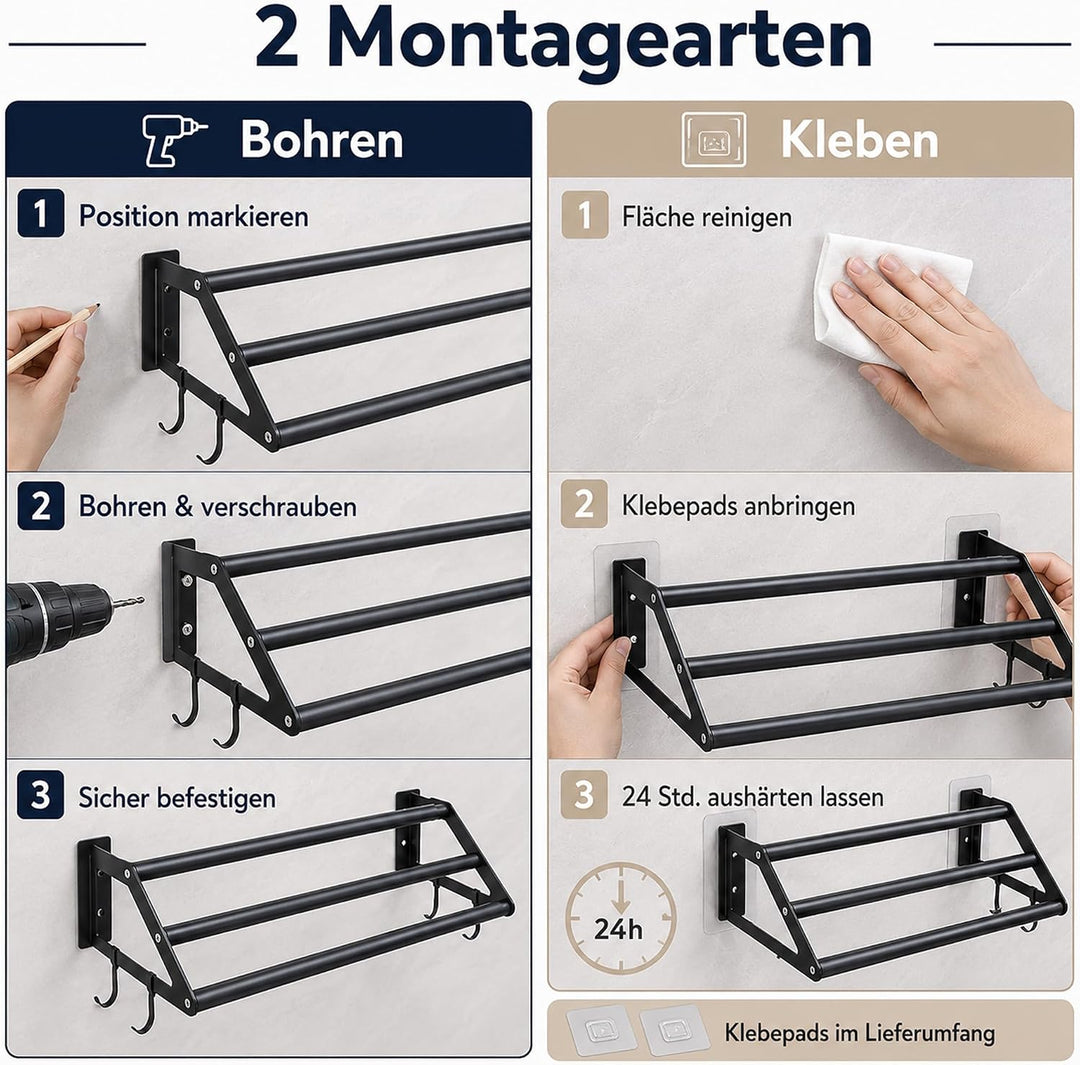 Handtuchhalter Bad 3-lagig Ohne Bohren, 34.5-62cm Ausziehbarer Handtuchstange Schwarz, Edelstahl Bad