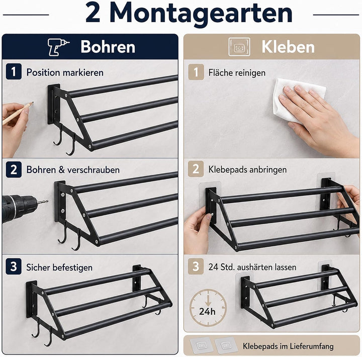 Handtuchhalter Bad 3-lagig Ohne Bohren, 34.5-62cm Ausziehbarer Handtuchstange Schwarz, Edelstahl Bad