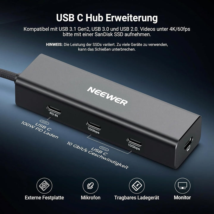 NEEWER USB C Hub Dock mit Cold Shoe Mount, 4 in 1 USB 3.1 Gen2 Extender Multiport Adapter Dongle, 10