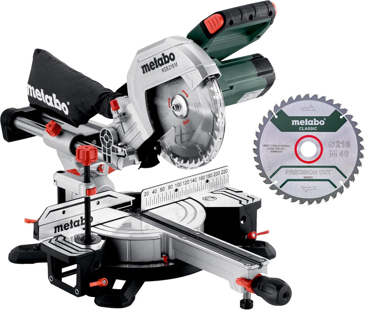Metabo KGS 216 M Set Kappsäge (Karton, mit 2. Hartmetall-Sägeblatt, Klasse M, mit Sägeblattneigung,