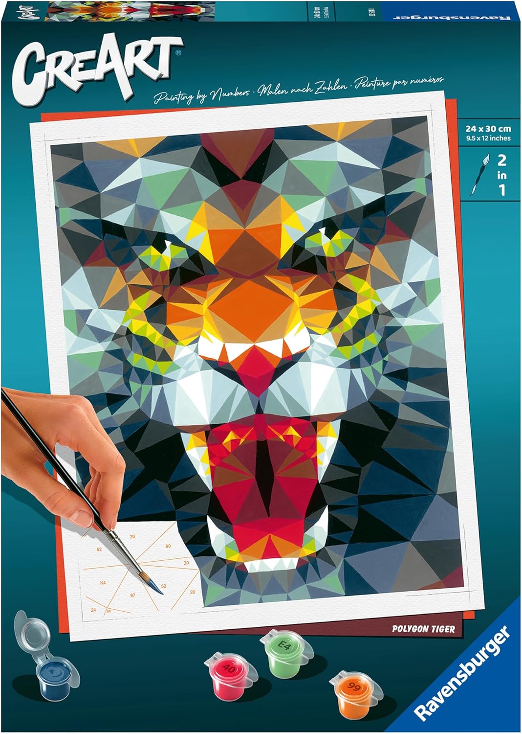 Ravensburger CreArt 23514 - Polygon Tiger - Malen nach Zahlen Erwachsene, DIY Malset mit Pinsel und
