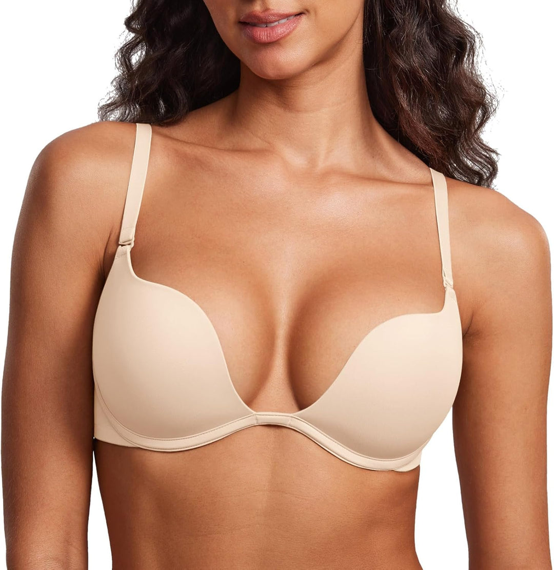DOBREVA Damen mit Bügel Deep U Push Up Plunge BH Sexy Gepolstert Tshirt 70C Beige, 70C Beige