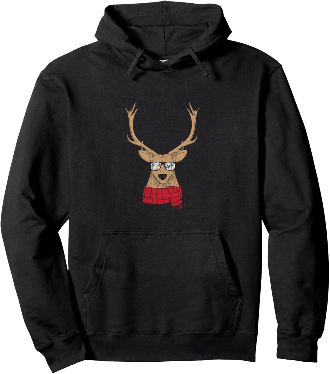 Awesome Christmas Reindeer with Cool Glasses Pullover Hoodie