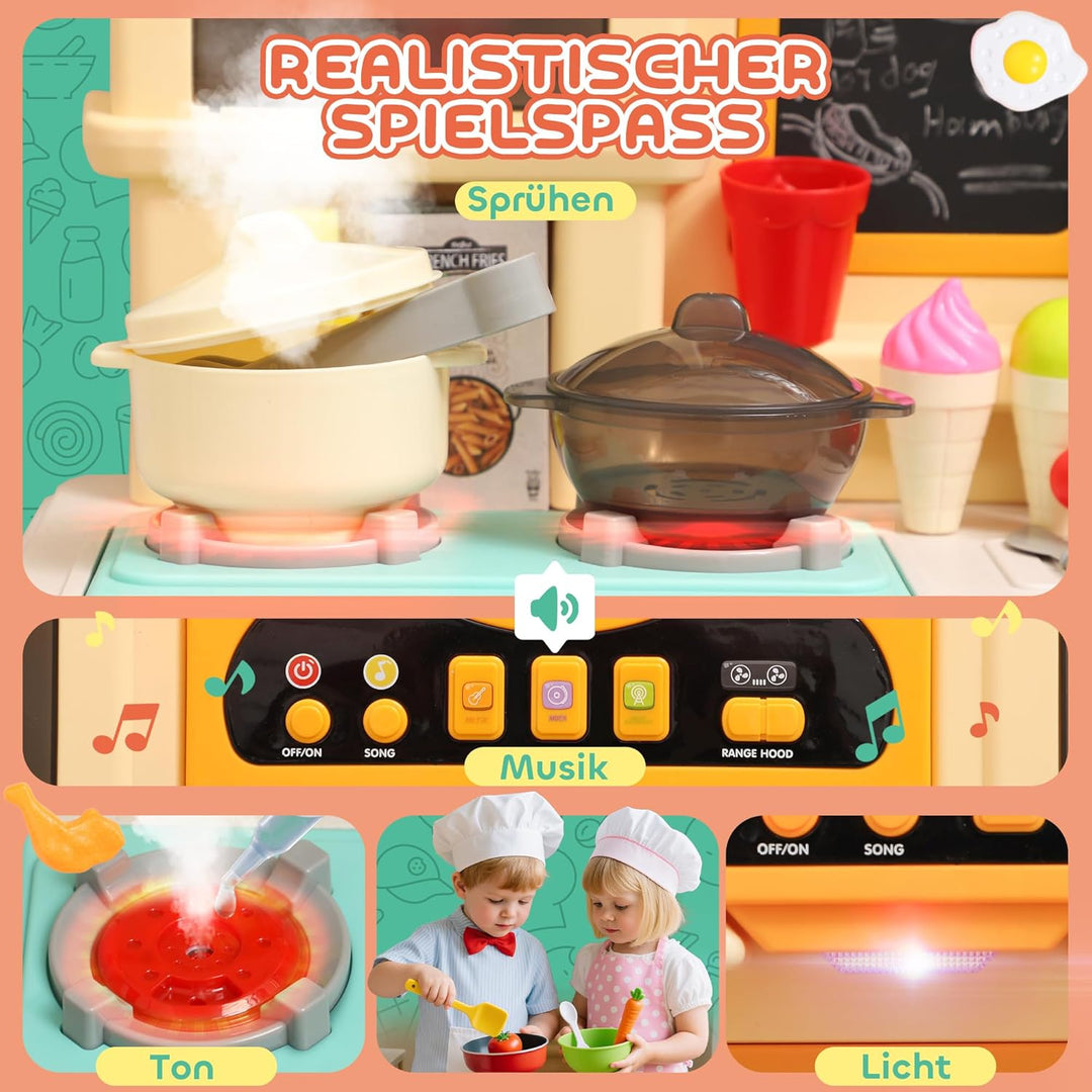 AIYAPLAY Kinderküche Spielküche mit fliessendem Wasser, elektrischem Wasserhahn, Lichtern und Geräus