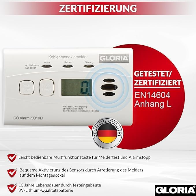 Gloria 2X Kohlenmonoxidmelder KO10D mit 10 Jahren Garantie und fest eingebauter Lithium Batterie