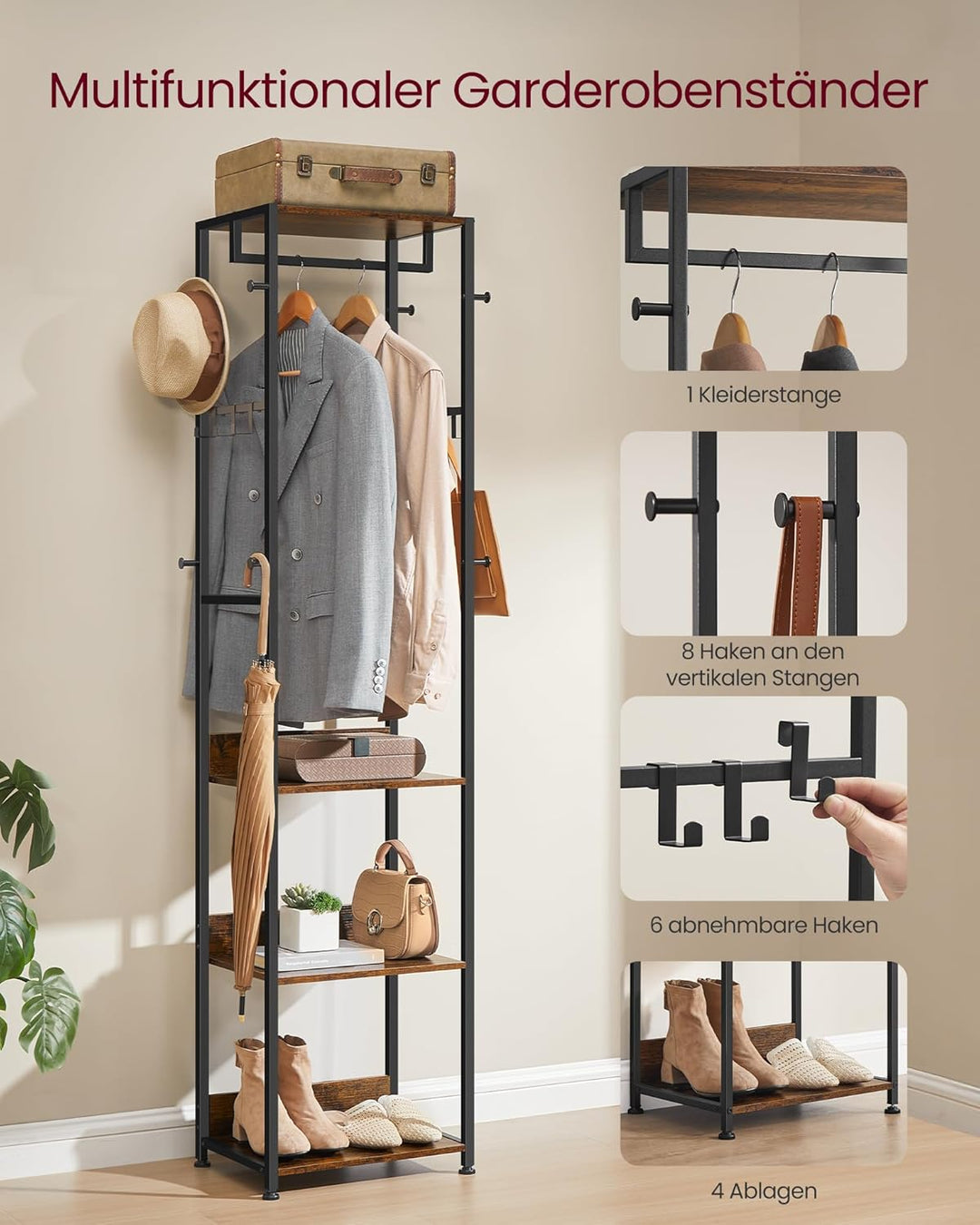 VASAGLE Kleiderständer, Garderobenständer mit Kleiderstange und Haken, Garderobe mit Ablagen, Stahlr