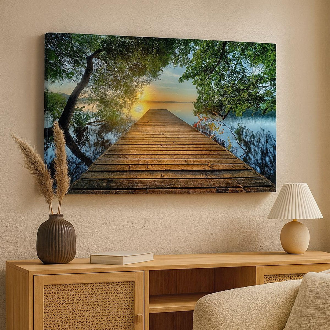 ARTTOR Bilder auf Leinwand 100x70cm Leinwandbild mit Rahmen Brücke See Gross Wanddeko Bild Schlafzim