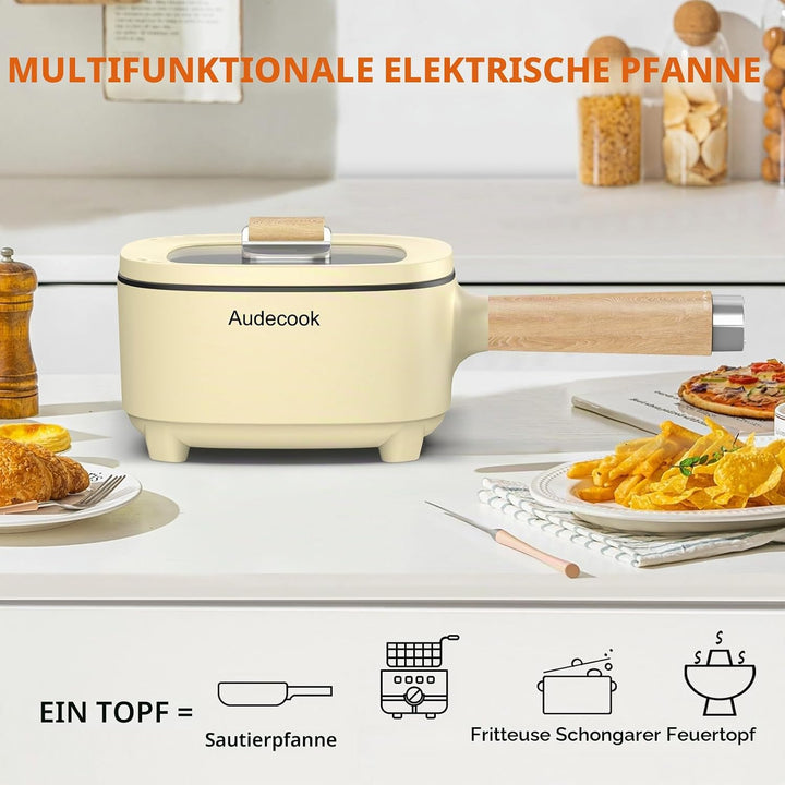 Audecook Elektrischer Topf, 2 l, Antihaft-Keramikglasur, Bratpfanne, 20,3 cm, multifunktionale elekt