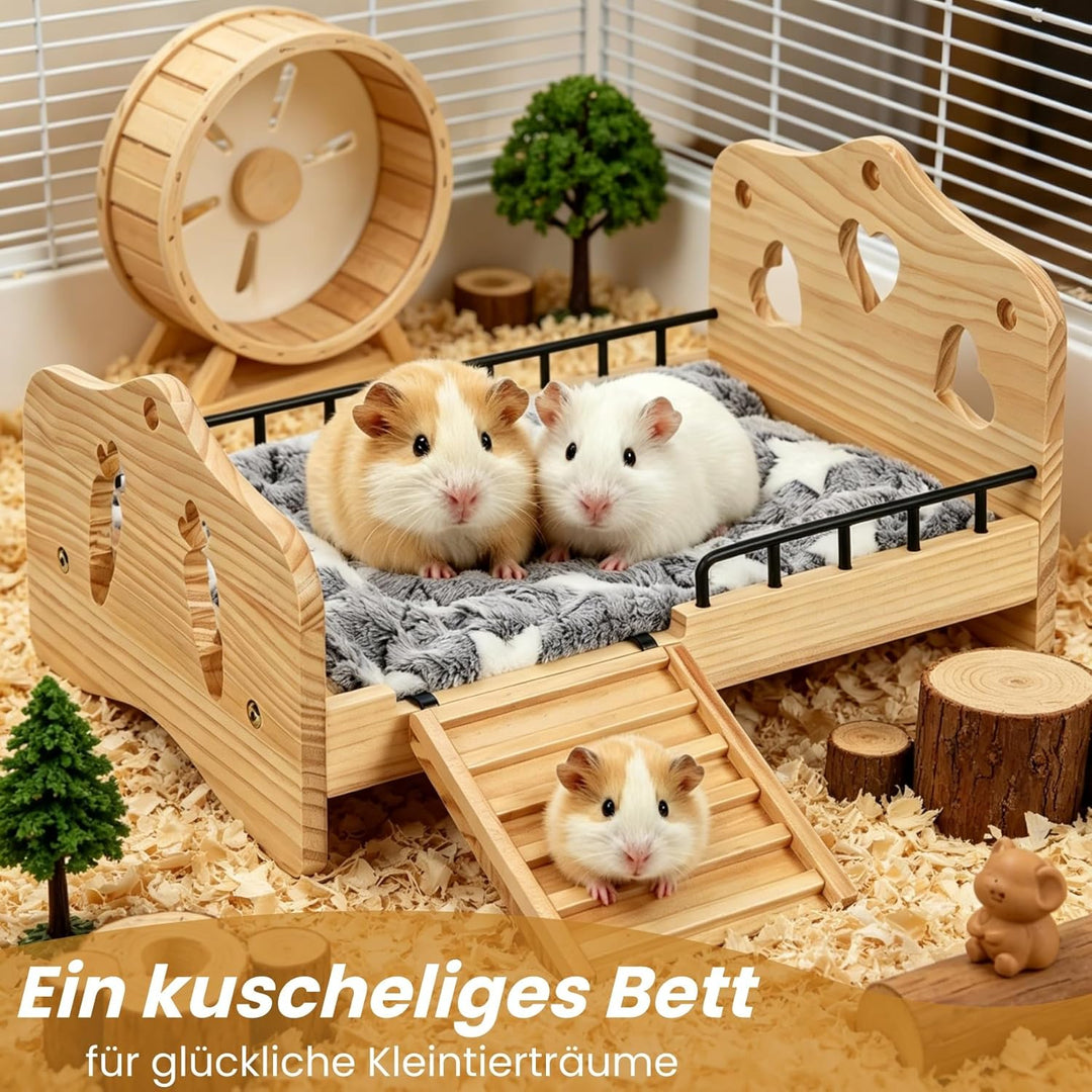 Meerschweinchen Bett Holz mit Treppe, Geländer und Matte, Zwergkaninchen Bettchen Kuschelkissen, Kan