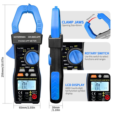 Digitales Zangenmessgerät Multimeter T-RMS 6000 Counts,GR-580S-APP berührungsloser Spannungsprüfe mi