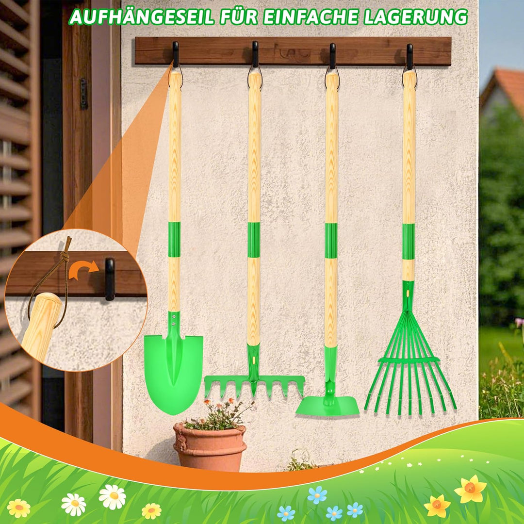 IEEILULU Kinder Gartengeräte Set, Gartenwerkzeug Kinder aus Holz 7 Teilig, Gartenspielzeug Abnehmbar