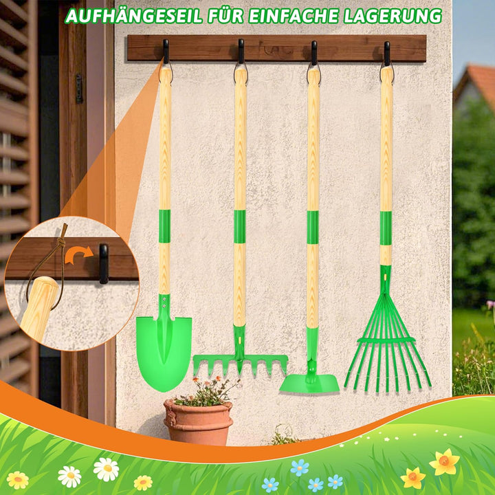 IEEILULU Kinder Gartengeräte Set, Gartenwerkzeug Kinder aus Holz 7 Teilig, Gartenspielzeug Abnehmbar