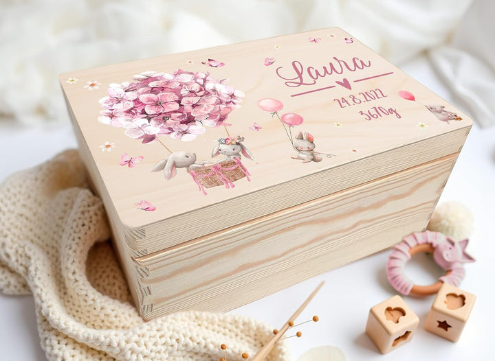Little Deco Personalisierte Erinnerungskiste Baby Holzkiste | M - 30 x 20 x 13 cm | Hasen Geschenk G