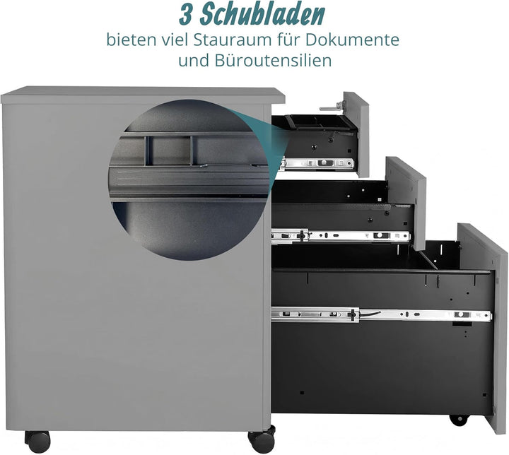Relaxdays Rollcontainer, 3 Schubladen, HxBxT: 60 x 39 x 52 cm, abschliessbar, Aktenschrank auf Rolle
