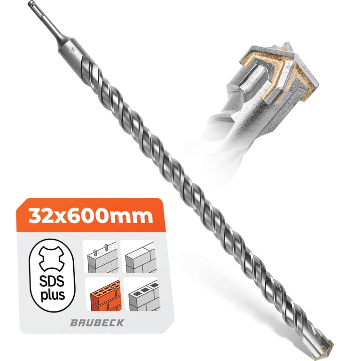BAUBECK SDS Plus Bohrer 32mm x 600mm lang für Beton & Stein - Premium 40CR Stahl, langlebig - 4 Schn