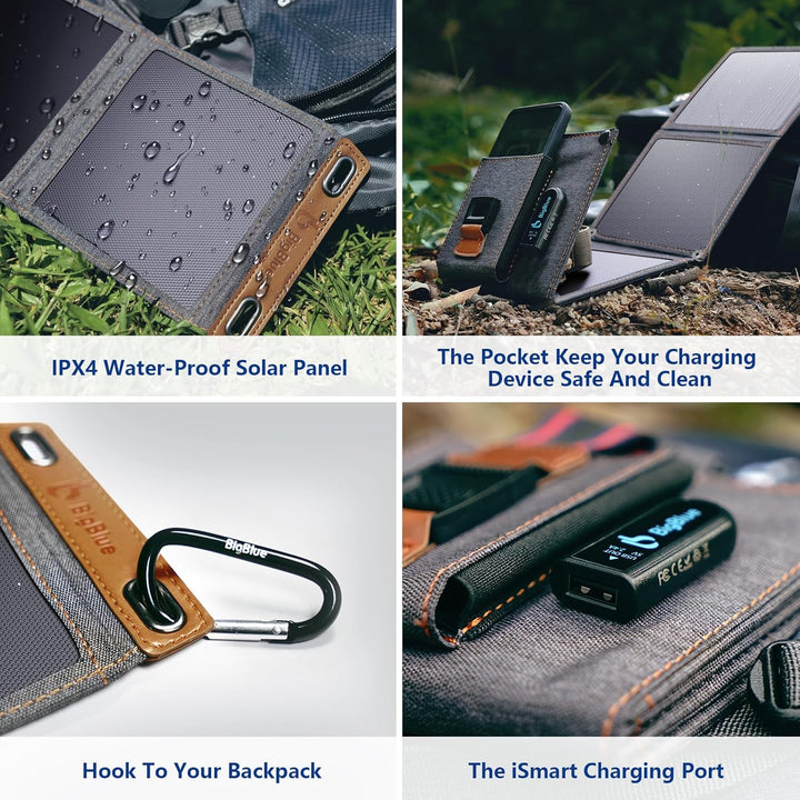 BigBlue 14W Solar Ladegerät Tragbar, Taschengrösse Solarpanel 1-Port USB(5V/2.4A) & IPX4 wasserdicht