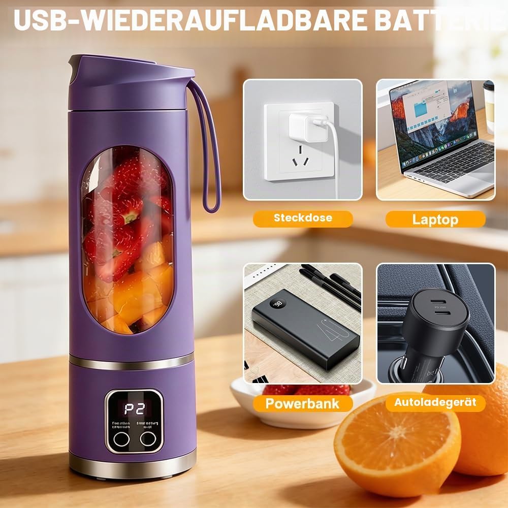 Mixer Smoothie Maker To Go, 450ML Tragbarer Mixer, 1500mAh Portable Blender mit LED 12 Klingen, Mini