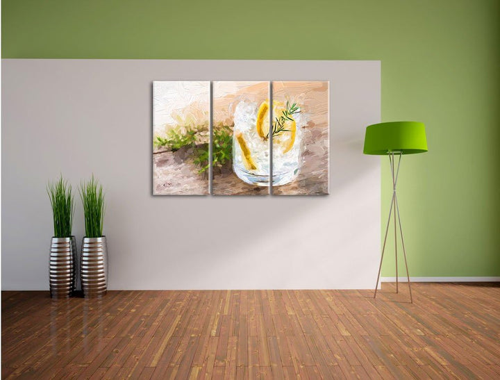 Pixxprint Gin Tonic, Lemon, Drinks on Ice Pinsel Effekt 3-Teiler Leinwandbild 120x80 Bild auf Leinwa