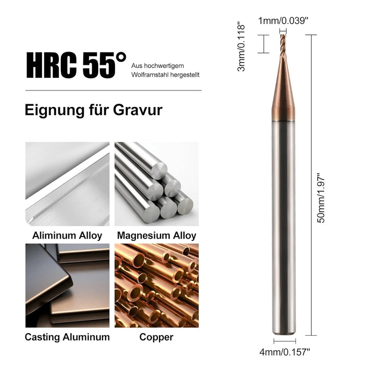 5 Stück VHM Fräser 1mm Schaftfräser Hartmetal, AlTiN beschichtet 55 HRC 4 Schneiden, bohren, fräsen,