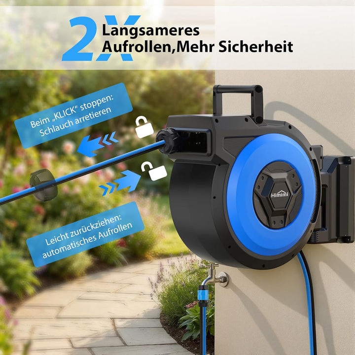 Himimi Schlauchtrommel 30m + 2m Wand-Schlauchbox, 180° Schwenkbar Gartenschlauch Aufroller, Wasser S