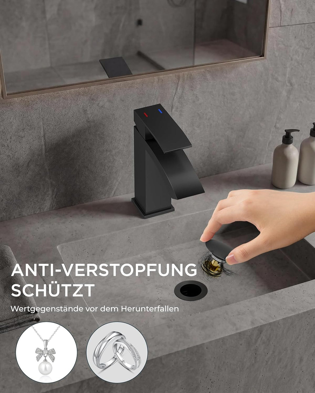 FORIOUS Wasserhahn Bad Schwarz mit Ablaufgarnitur, Wasserfall Waschtischarmatur mit Auslauf Höhe 100