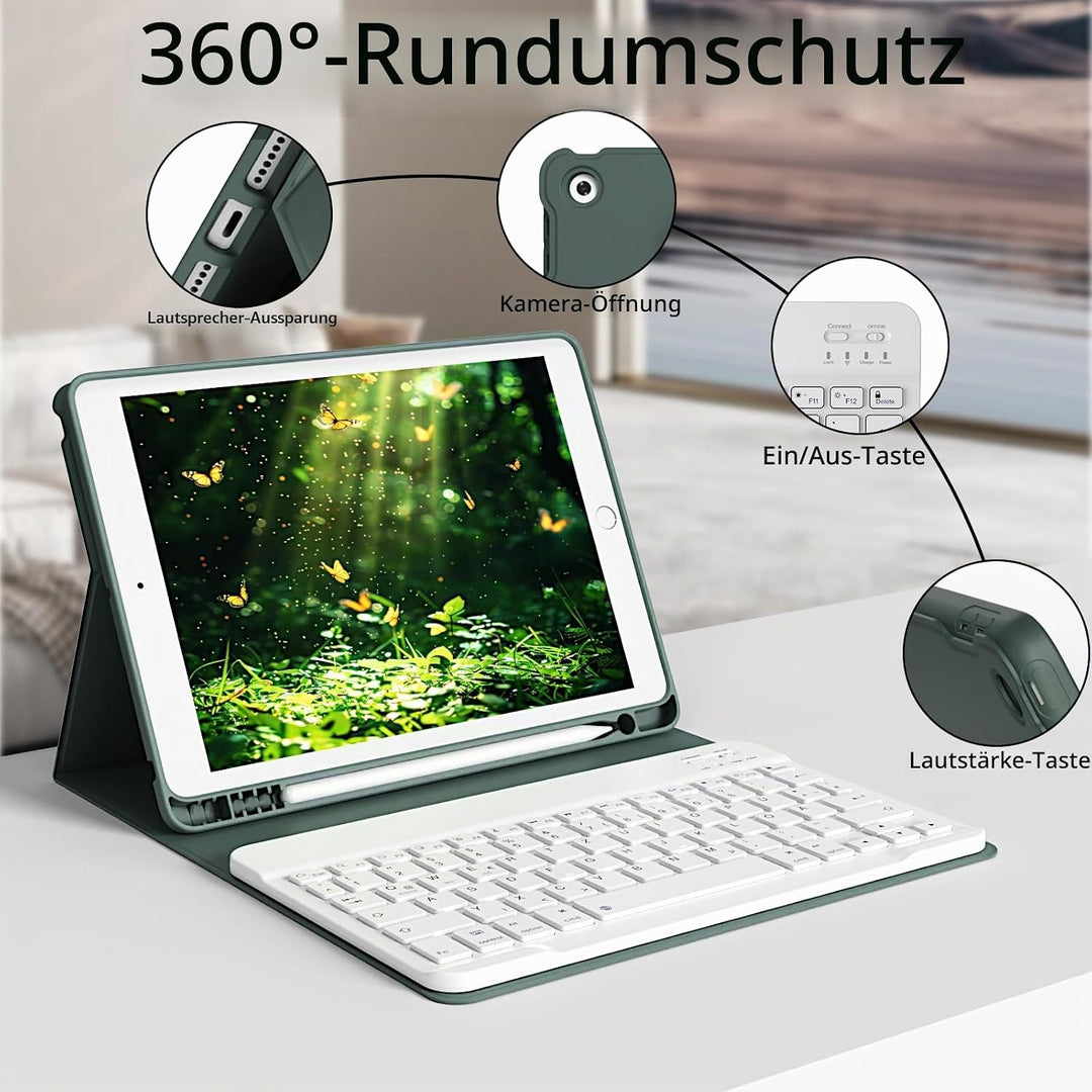 Hülle mit Tastatur für iPad 9./8./7. Generation 10,2 Zoll 2021/2020/2019, Abnehmbare kabellose Keybo