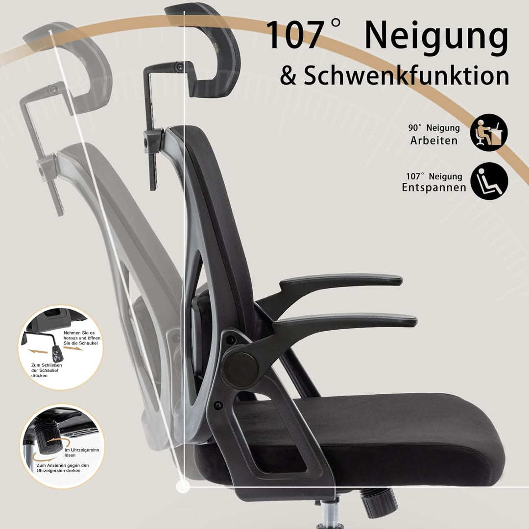 Symino Bürostuhl, Schreibtischstuhl, Drehstuhl Ergonomischer mit Verstellbarer Kopfstütze, Armlehnen