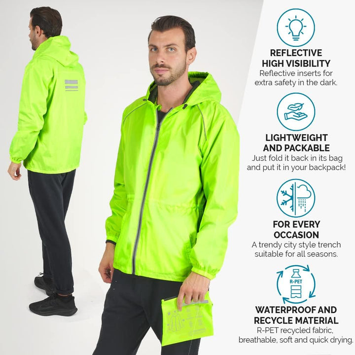 PERLETTI Regenjacke Herren Schwarz Gelb für Hohe Sichtbarkeit - Reflektierende Regenponcho Windbreak