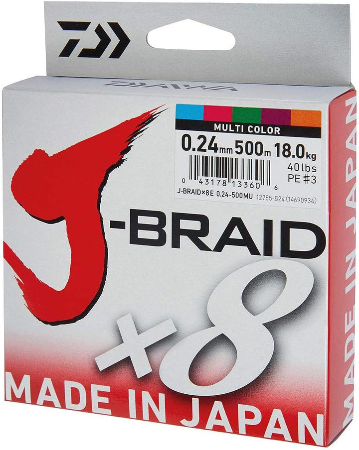 Daiwa J-Braid 8 Braid 300m Multicolor - geflochtene Angelschnur Dm: 0,18mm, Dm: 0,18mm