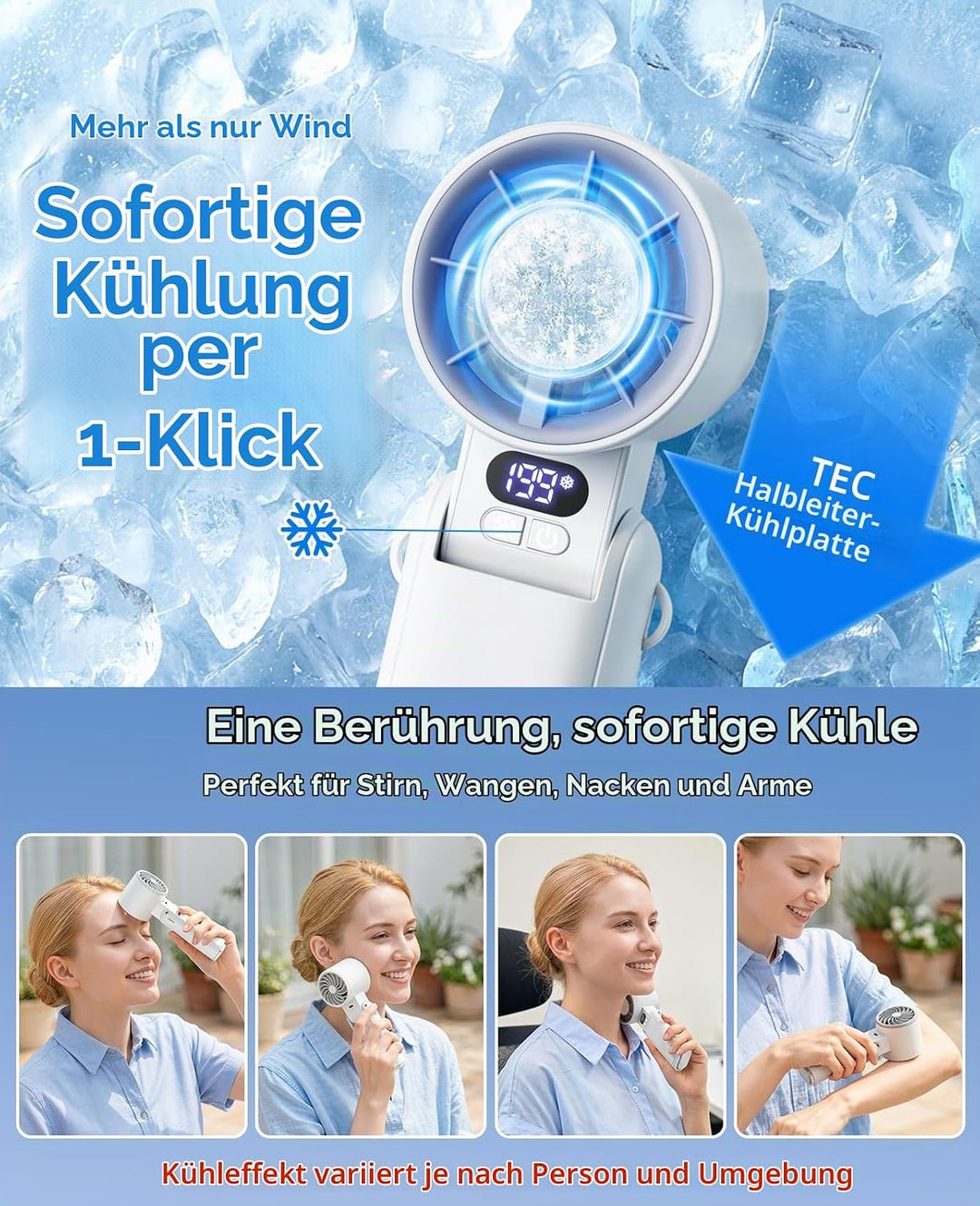 MoKo Handventilator mit Kühlplatte, 6000 mAh, 13000 RPM, 199 Stufen | Mini Ventilator und Kühlventil