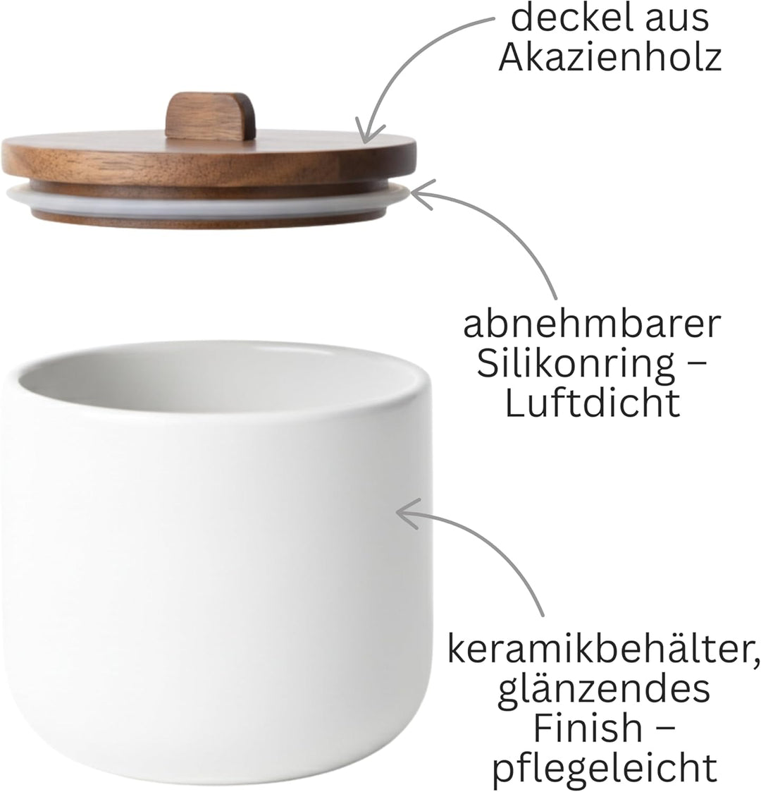 Salztopf Keramik CURVE - Luftdichte Salzdose mit Deckel aus Akazienholz. Grosse Öffnung, Ideal als S