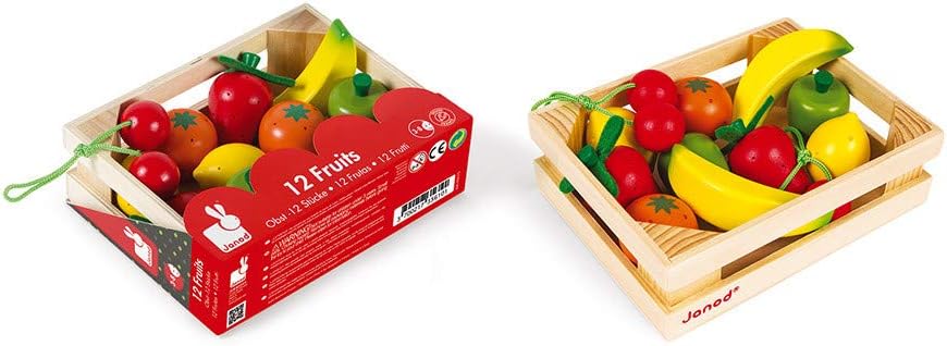 Janod - Obstkiste mit 12 Holzfrüchten, Puppen-Teeküche, Küchenset, Kaufladen-Zubehör, Spielzeugnachb
