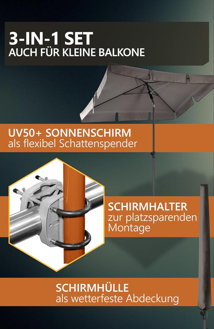 4smile Sonnenschirm Balkon SunnyShade Plus, Sonnnenschutz Balkon SET 3-in-1, Anthrazit - UV50+ Sonne