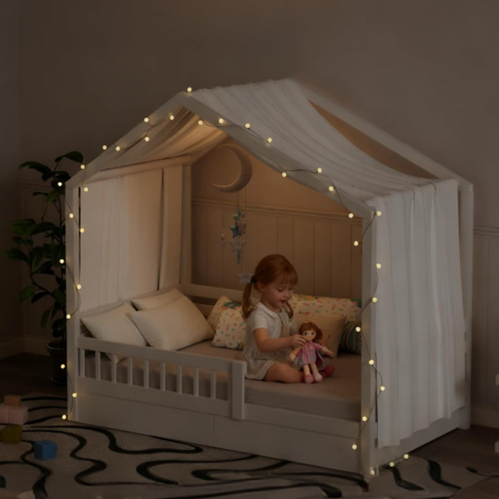 Hausbett Himmel mit Lichterkette 1 Stück Deko Baldachin Hausbett Vorhang,Betthimmel Musselin Stoffhi