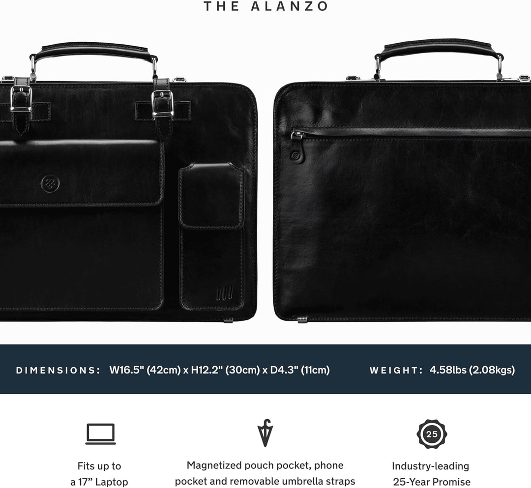 Maxwell Scott Luxus Herren Leder Aktentasche Alanzo in Schwarz, Schwarz