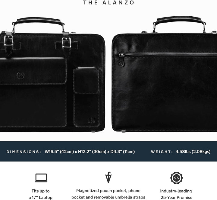Maxwell Scott Luxus Herren Leder Aktentasche Alanzo in Schwarz, Schwarz