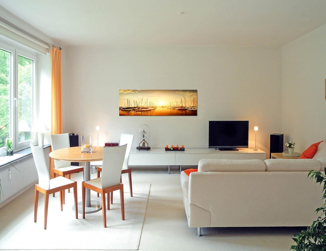 Paul Sinus Art Panoramabild auf Leinwand und Keilrahmen 150x50cm Meer Hafen Boote Abenddämmerung