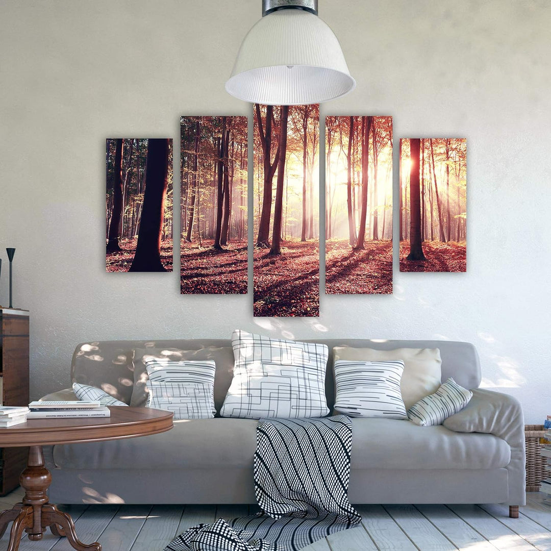 Feeby Wandbild XXL 5 Teilig Landschaft Leinwandbild Bäume Sonnenuntergang rot 300x140 cm Leinwandbil
