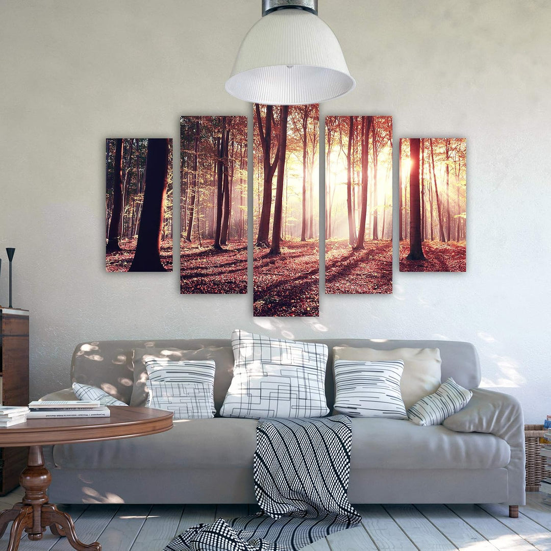 Feeby Leinwandbild 5 Teilig Landschaft Bild Wanddeko Bäume Sonnenuntergang rot 200x100 cm Leinwandbi