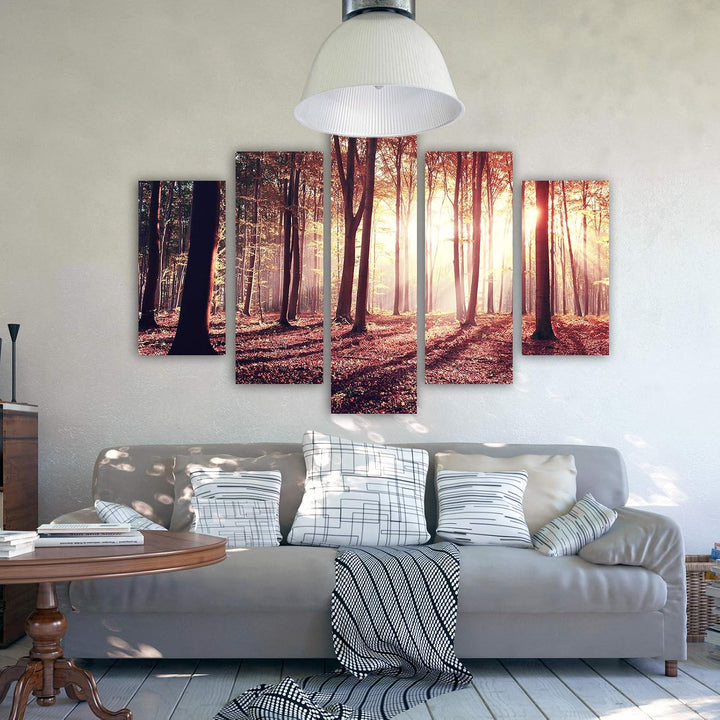 Feeby Leinwandbild 5 Teilig Landschaft Bild Wanddeko Bäume Sonnenuntergang rot 200x100 cm Leinwandbi