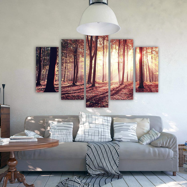 Feeby Leinwandbild 5 Teilig Landschaft Bild Wanddeko Bäume Sonnenuntergang rot 200x100 cm Leinwandbi