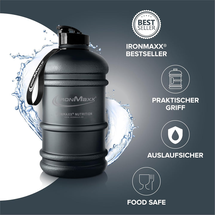 IronMaxx Water Gallon - Matt Deep Black 2200ml | BPA & DEHP frei | auslaufsichere Trinkflasche mit M
