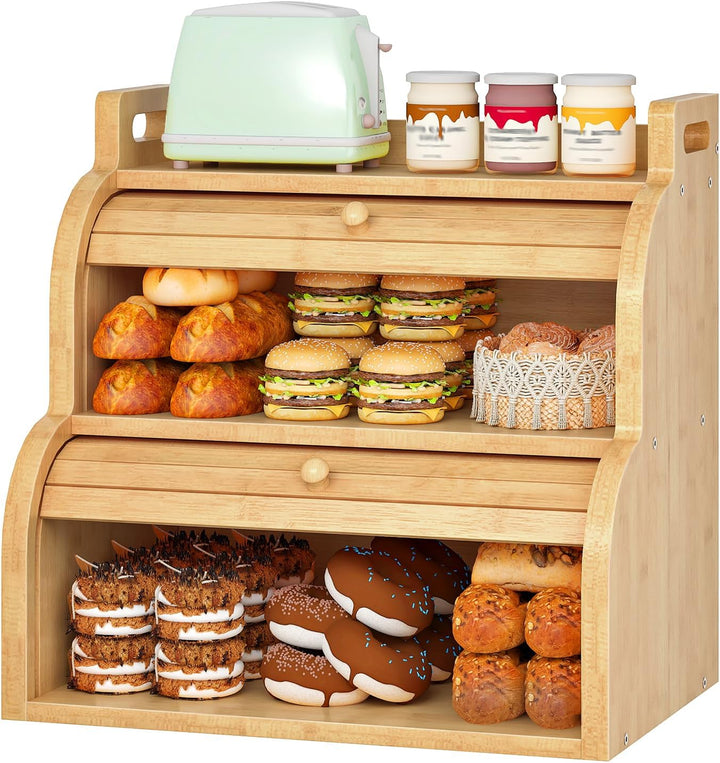 HOOBRO 2-stöckiger Brotkasten aus Bambus mit Rolldeckel, Brotkorb, Brotbox, Brotbehälter mit Griffen