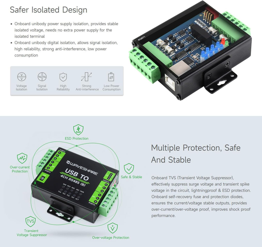 Waveshare Industrial Isolated USB to 4-Ch RS485 Converter (B), CH344L Chip, Multi Protection Circuit
